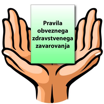 Narisani roki, ki držita zeleno brošuro z naslovom Pravila obveznega zdravstvenega zavarovanja