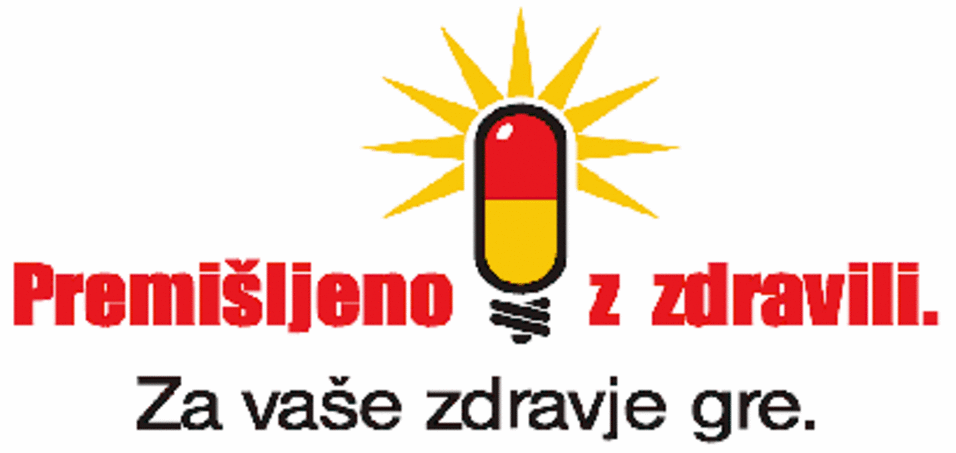 Slika z rdečim napisom - Premišljeno z zdravili - vmes je slika zdravila, ki izgleda kot svetleča žarnica. Spodaj je tekst Za vaše zdravje gre.
